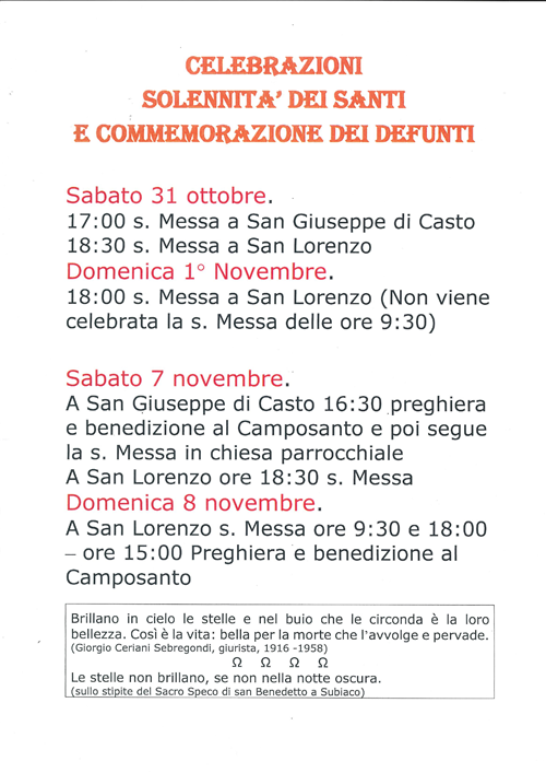 Celebrazioni solennità dei Santi e commemorazione dei defunti