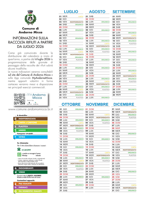 Calendario nuovi passaggi raccolta rifiuti